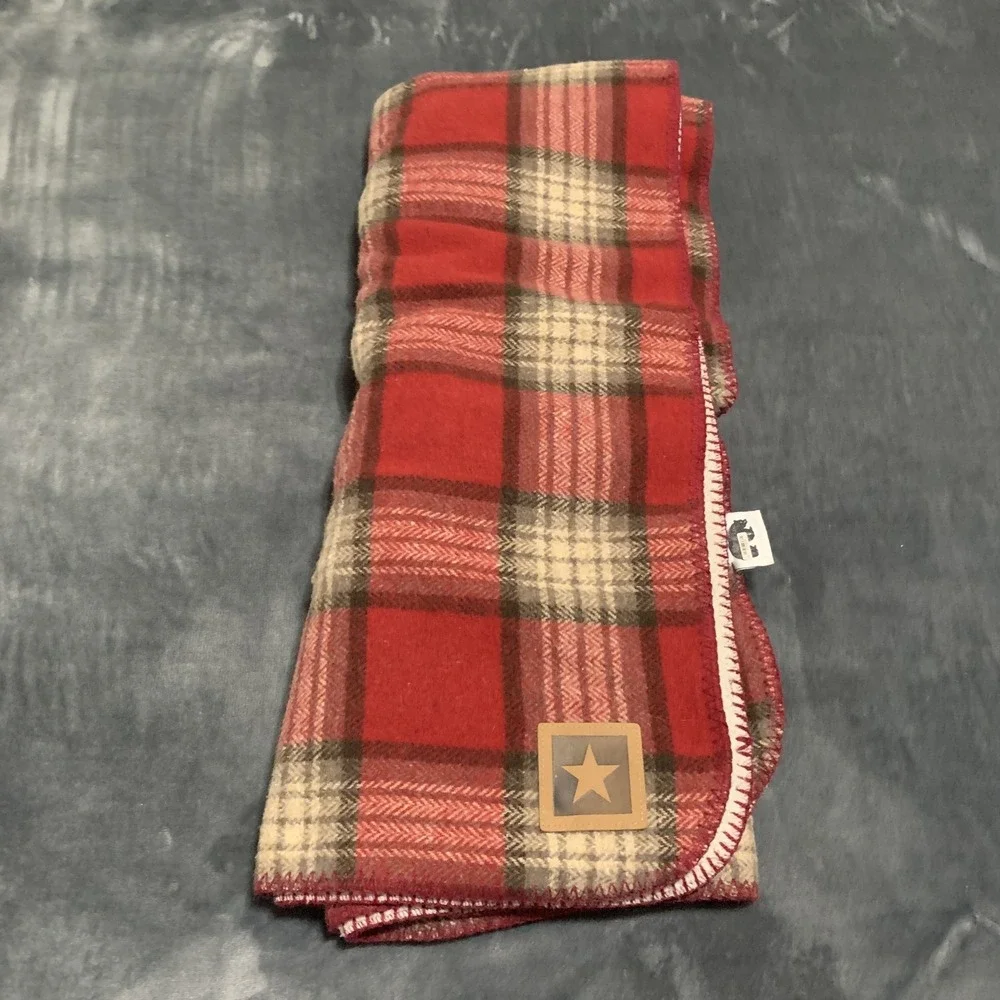 ABW Plaid Throw Blanket Sherpa Lined Red Beige Brown Star Patch‎ USA Made Cozy